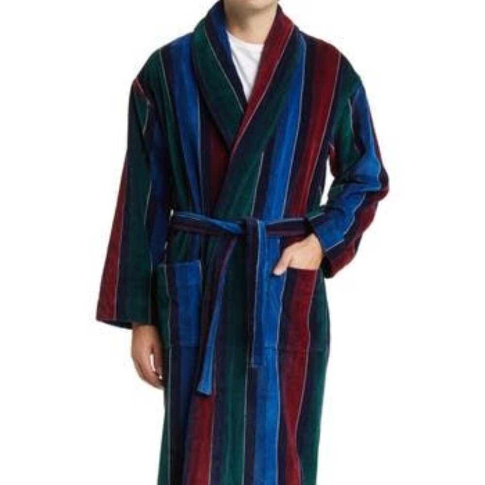 NWT MAJESTIC Statement Stripes Shawl Collar Terry Cloth Robe